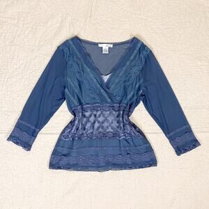 Y2K Babydoll Lace Top Tunic Long Sleeve Mesh Womens Large Romantic Boho